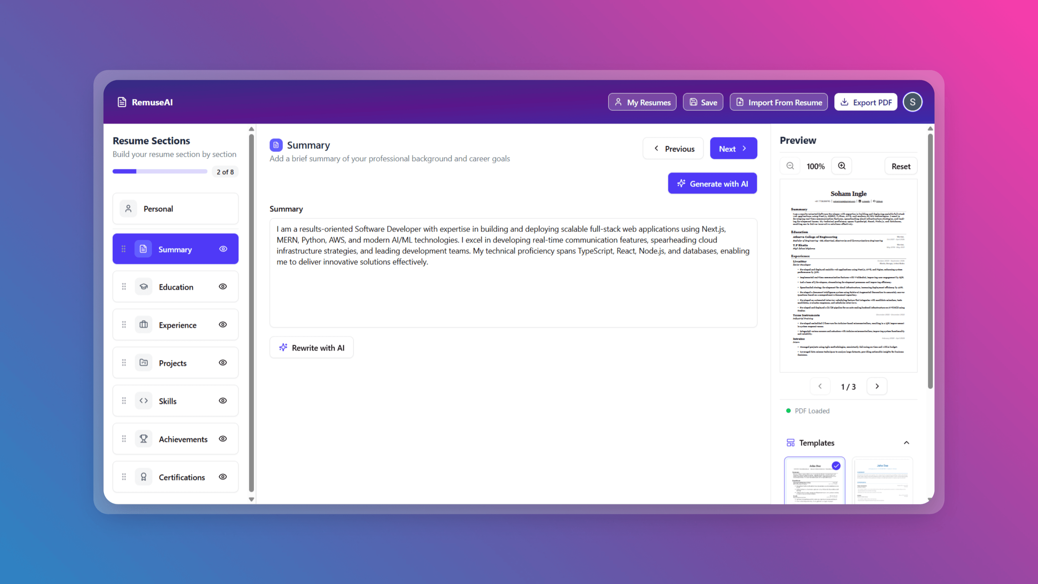 Remuse AI: AI-Powered Resume Builder project cover